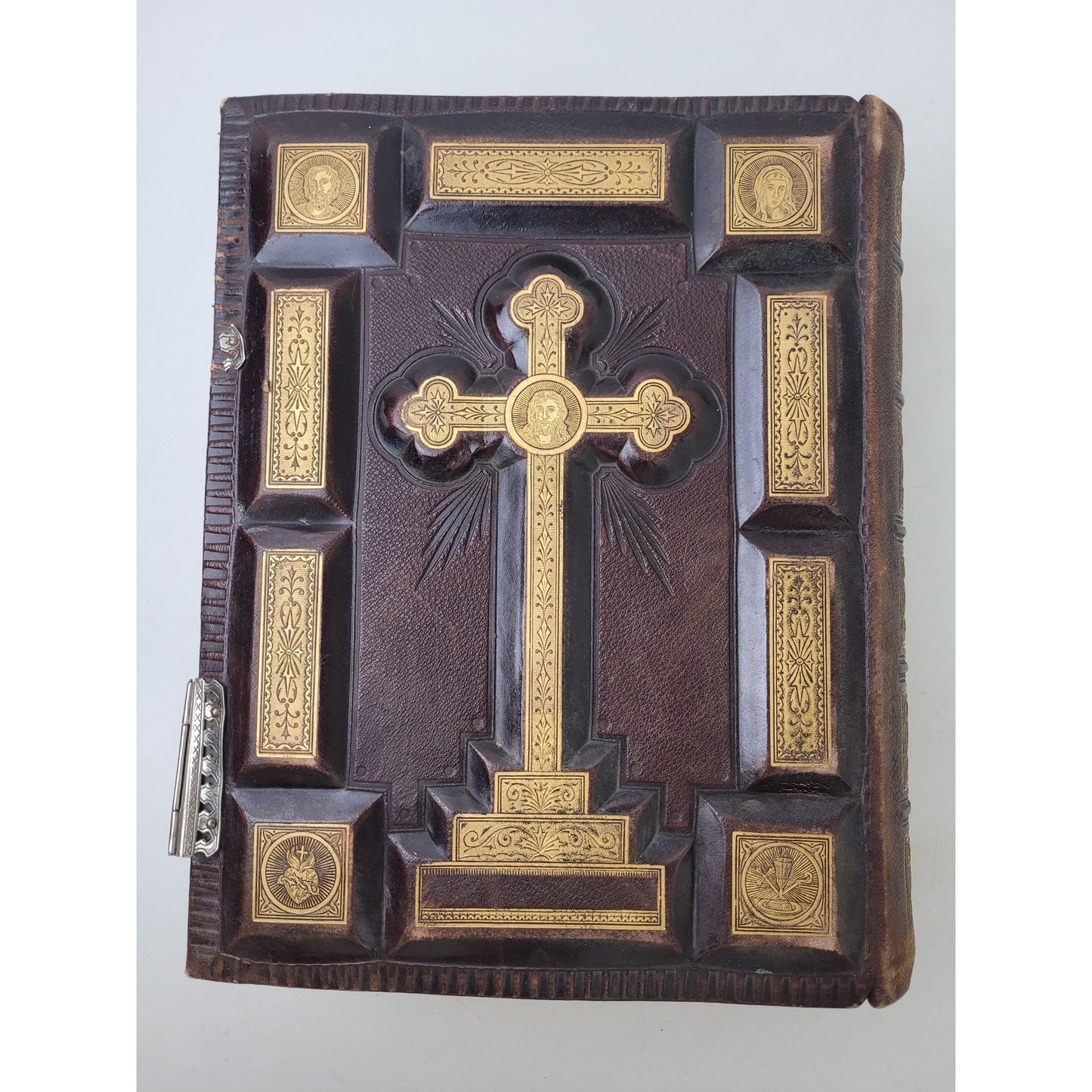 Antique Late 19th Century Catholic Family Bible Leather Binding Gold Accents