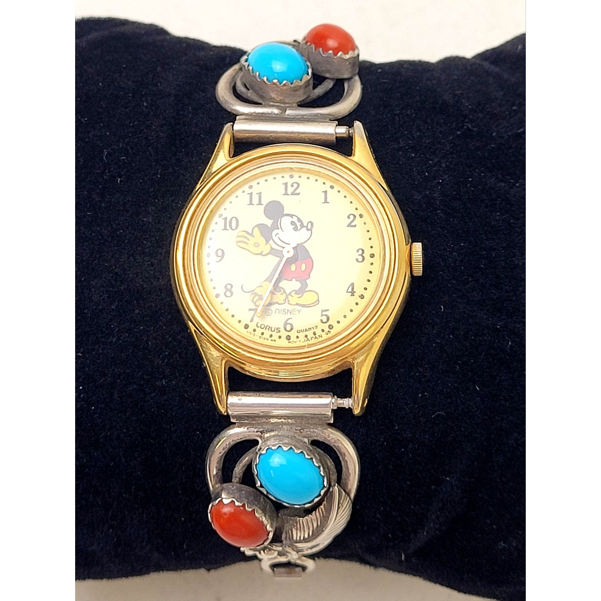 Vintage Signed Sterling Silver Turquoise Watch Band w Disney Mickey Mouse Watch
