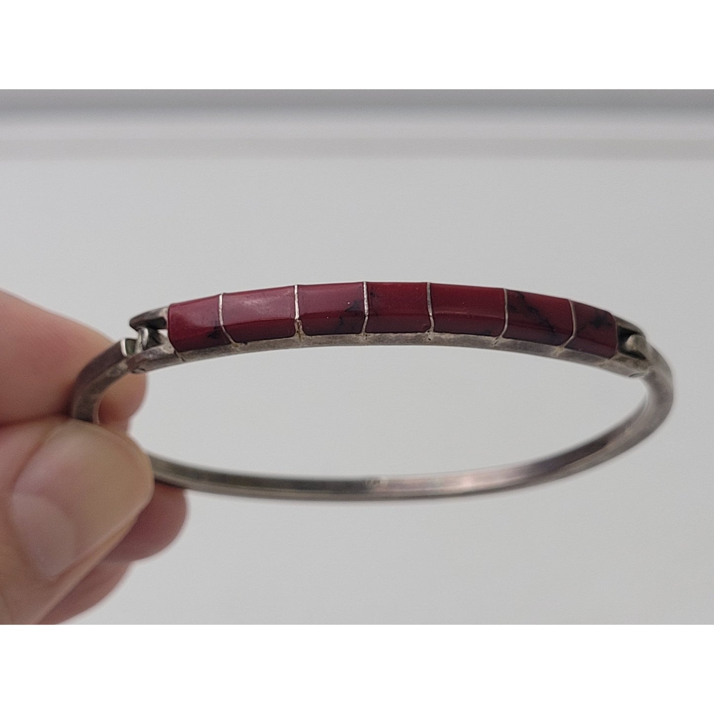 Vintage Mexican Sterling Silver Hinged Bracelet with Jasper Inlay