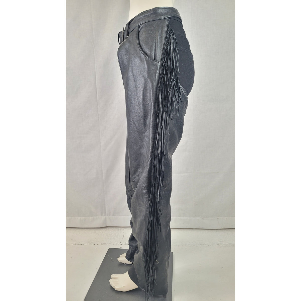 VTG Harley-Davidson Fringe Black Leather Motorcycle Riding Chaps Women's Sz L