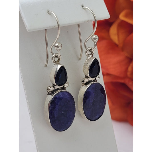 Sterling Silver Sapphire or Lapis & Navy Blue Stone Dangle Earrings 49mm Drop