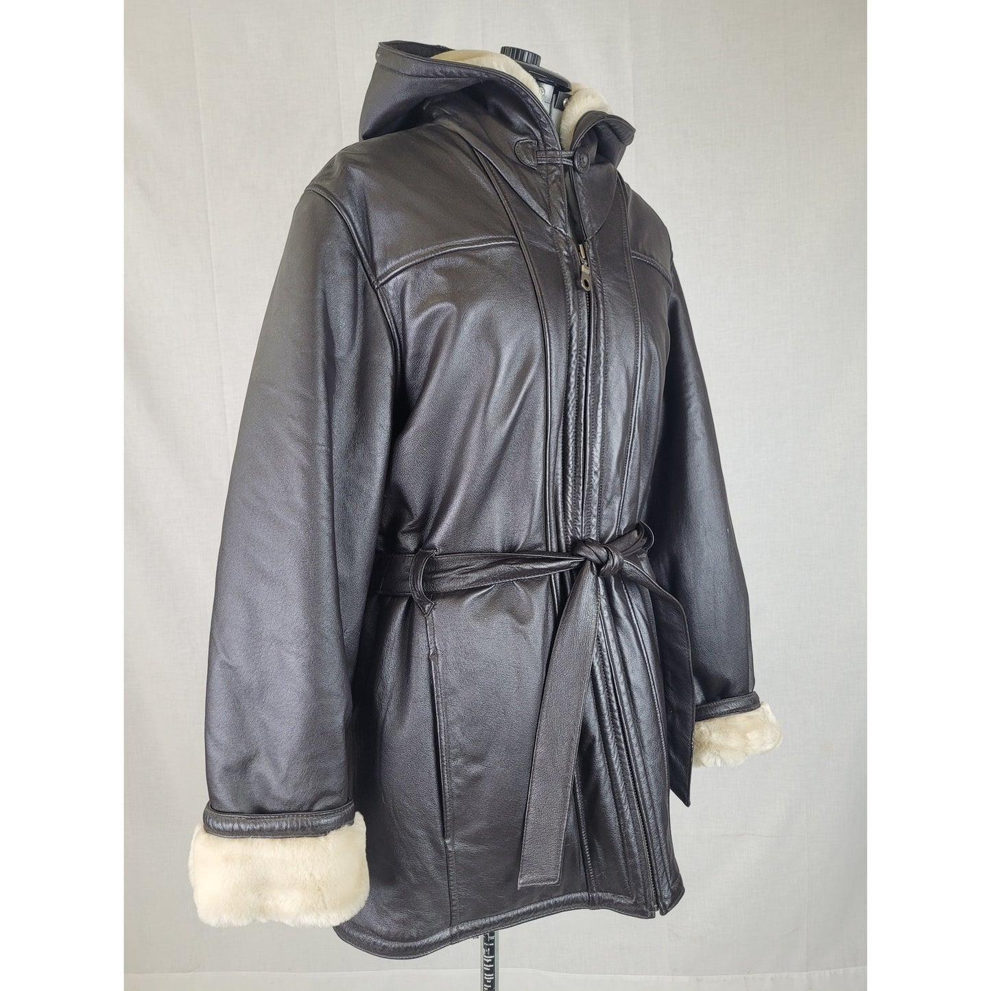 Wilsons Leather Coat Genevieve Belted Jacket Faux Fur Hooded Women's Sz 1X