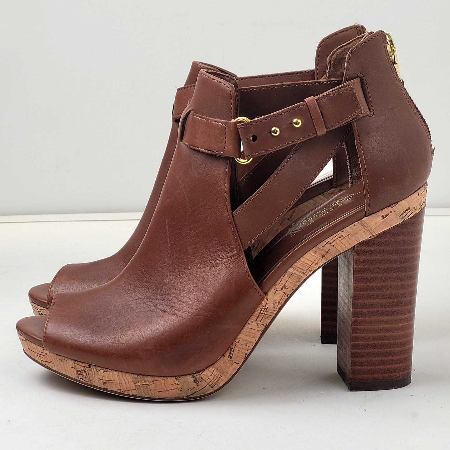 Ralph Lauren Fiana Polo Tan Cognac Leather Open Toe Booties Sz 9