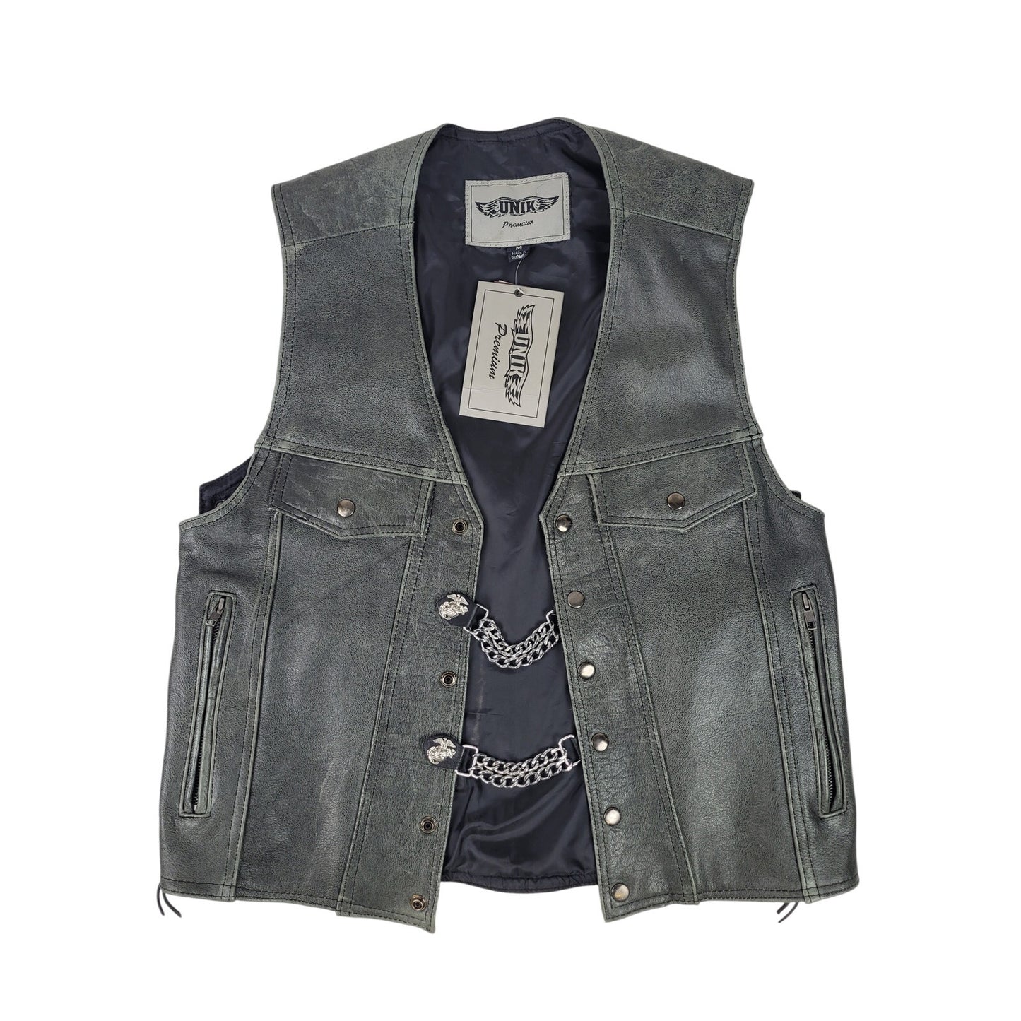 Unik Premium Distressed Grey Leather Motorcycle Vest w Front Chain Men's Sz M