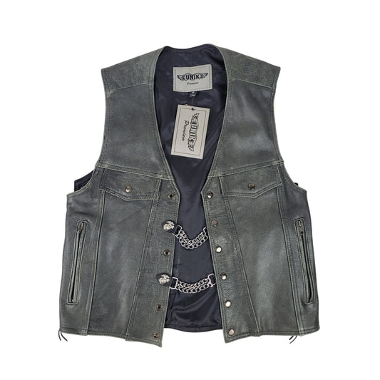 Unik Premium Distressed Grey Leather Motorcycle Vest w Front Chain Men's Sz M