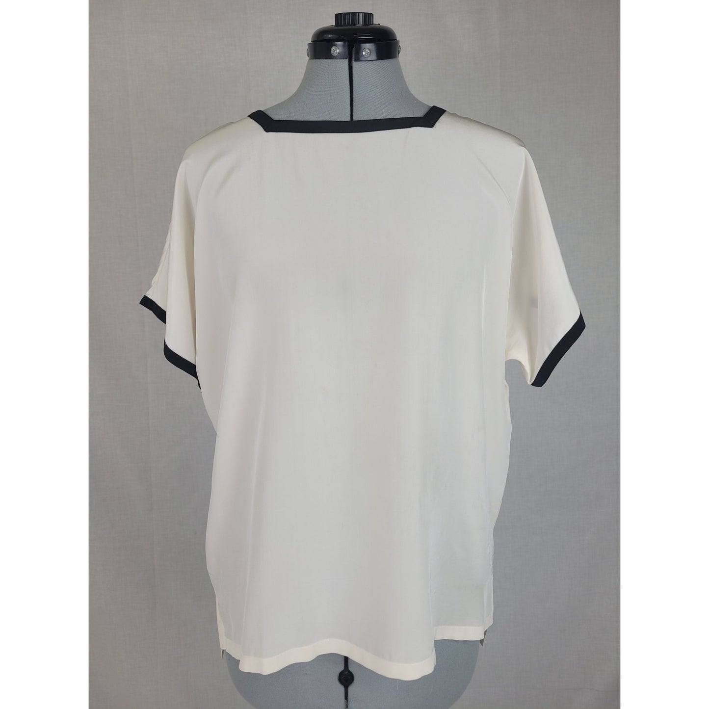 Vintage Christian Dior Ivory Silk Blouse Black Trim Square Neckline Sz S/M