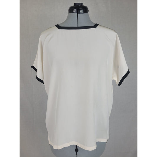 Vintage Christian Dior Ivory Silk Blouse Black Trim Square Neckline Sz S/M