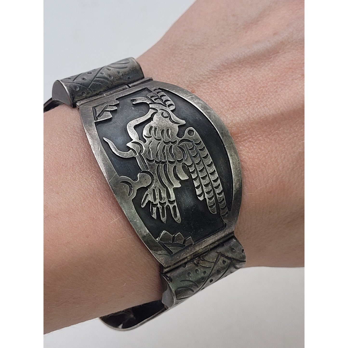 Vintage Mexican Sterling Silver Panel Bracelet Eagle & Aztec Warriors | 42.66 g