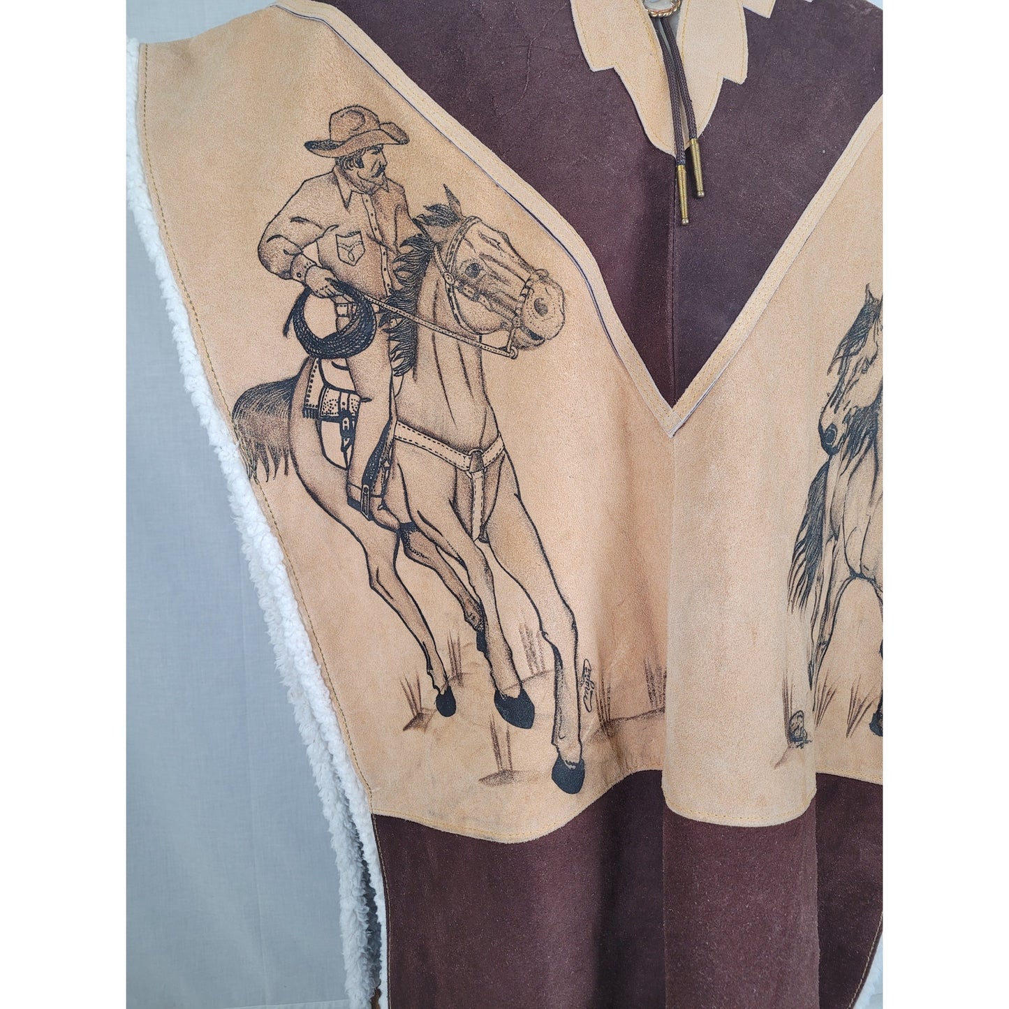 Mexican-made Western-style Leather Poncho w Fringe Cowboy and Horse Design