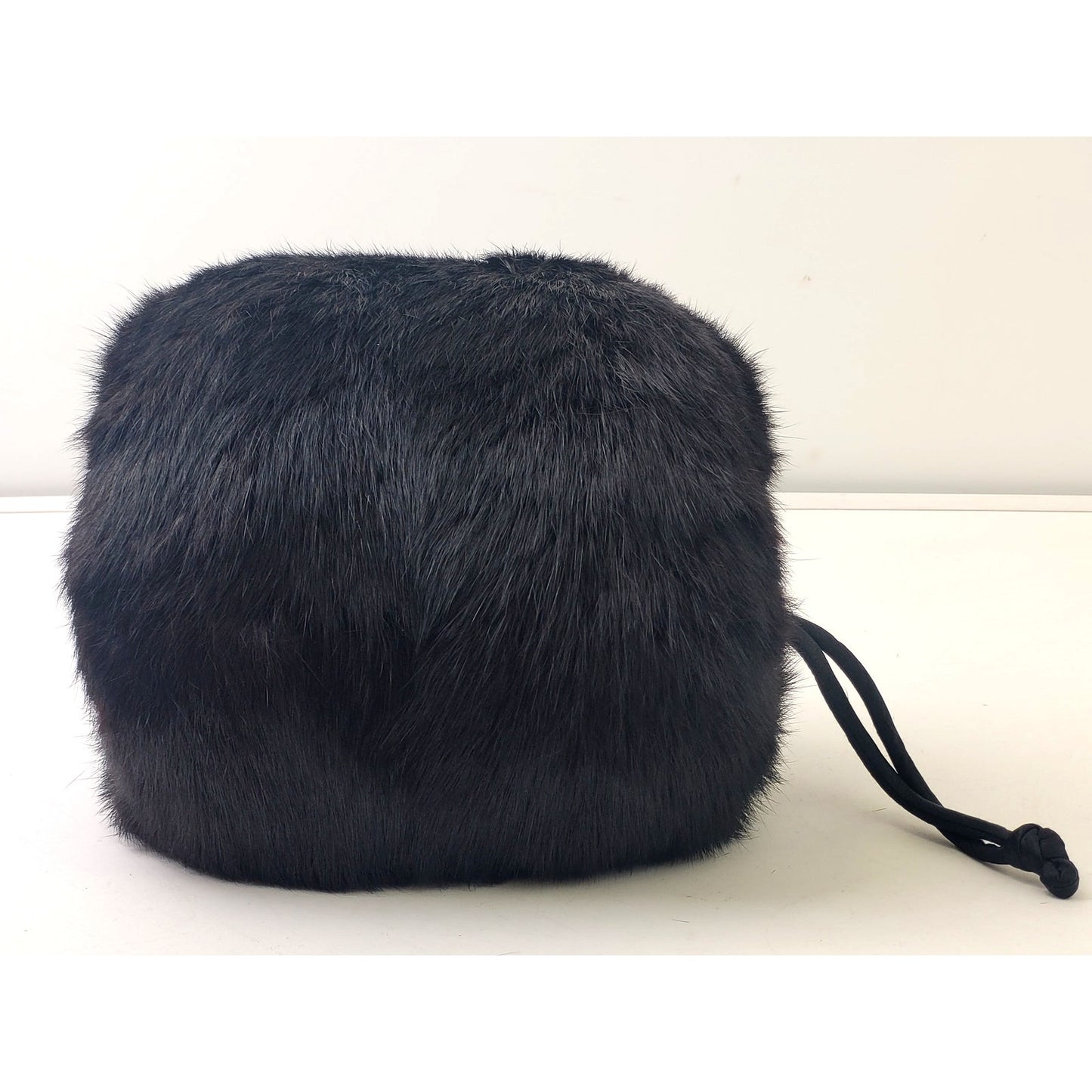 Vintage Black Fur Muff Handwarmer Lined w Wrist Strap