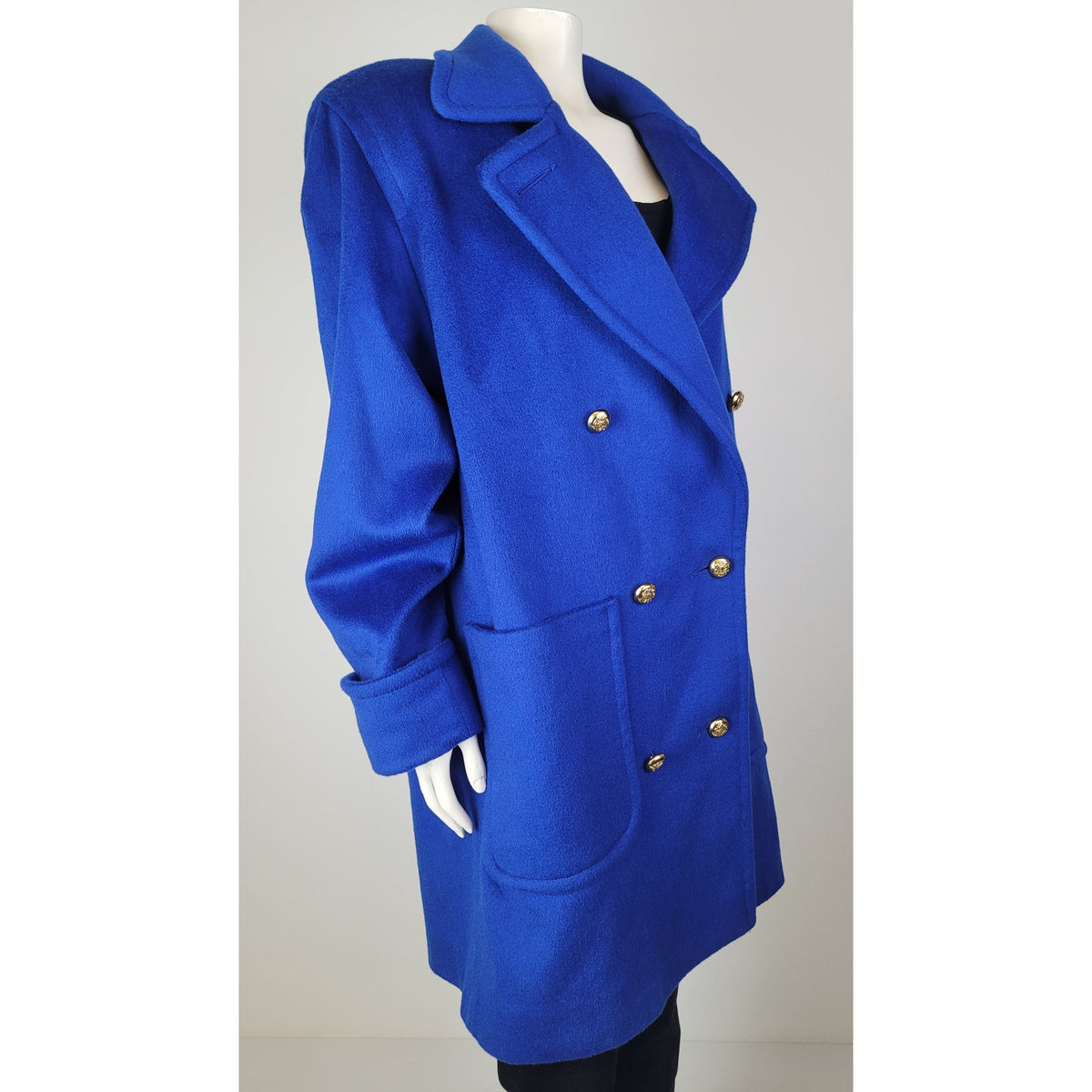 Vintage 1980s Cobalt Blue Double-Breasted Wool Overcoat Gold-Tone Buttons Sz M/L