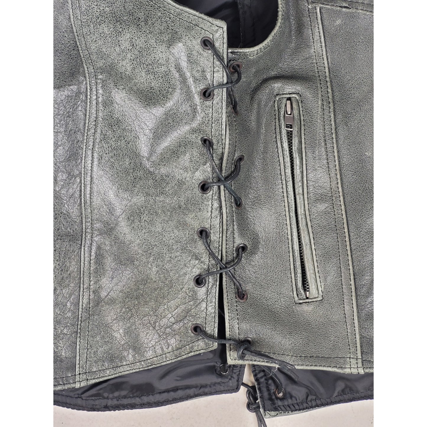Unik Premium Distressed Grey Leather Motorcycle Vest w Front Chain Men's Sz M