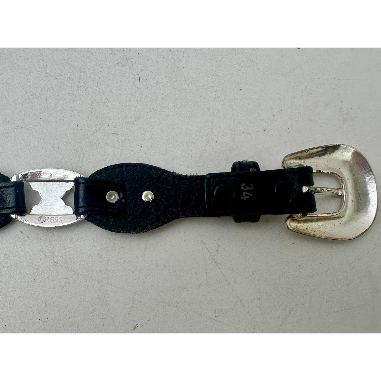 Vintage Tony Lama Black Leather/Silver Tone Western Concho Belt Sz 34