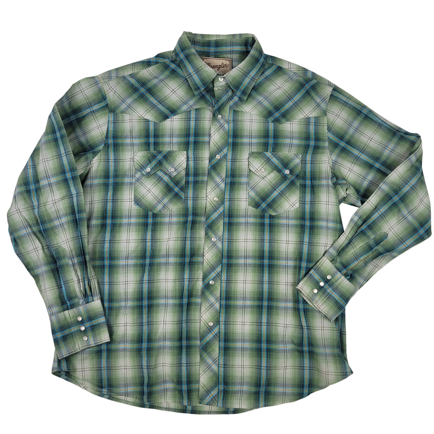 Vintage Wrangler Pearl Snap Green Metallic Plaid Shirt Men's Sz XL