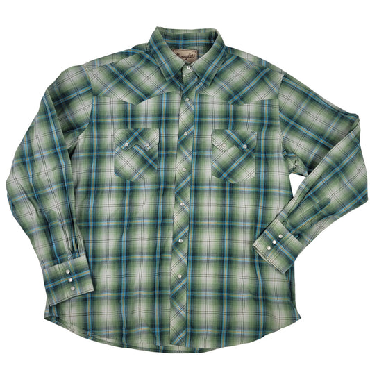 Vintage Wrangler Pearl Snap Green Metallic Plaid Shirt Men's Sz XL