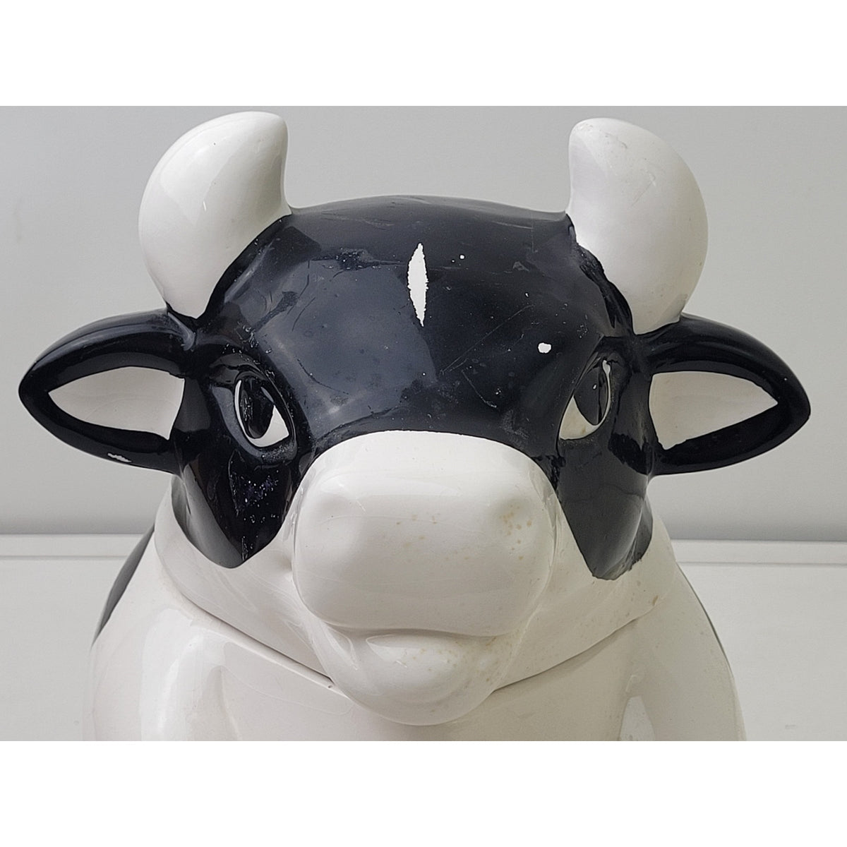 Vintage Ceramic Black & White Sitting Farm Cow Cookie Jar