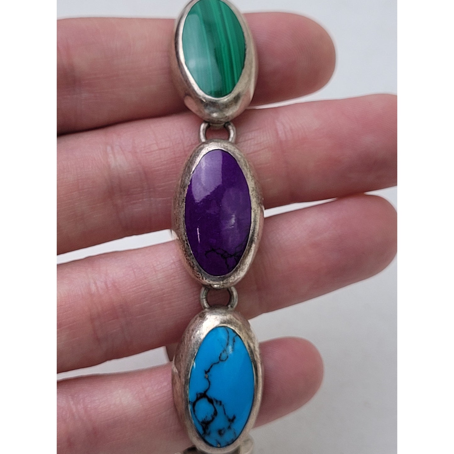 Vintage CII Mexican Sterling Silver Multi-Stone Inlay Bracelet & Earring Set