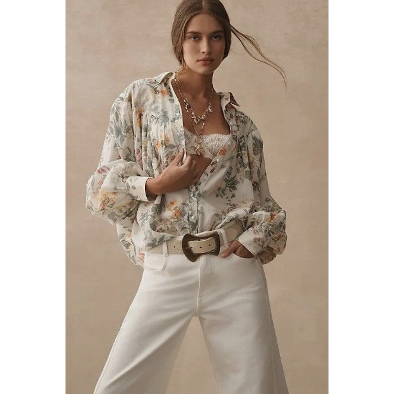 Anthropologie Pilcro Batwing Floral Button-Up Blouse Women's Sz XL