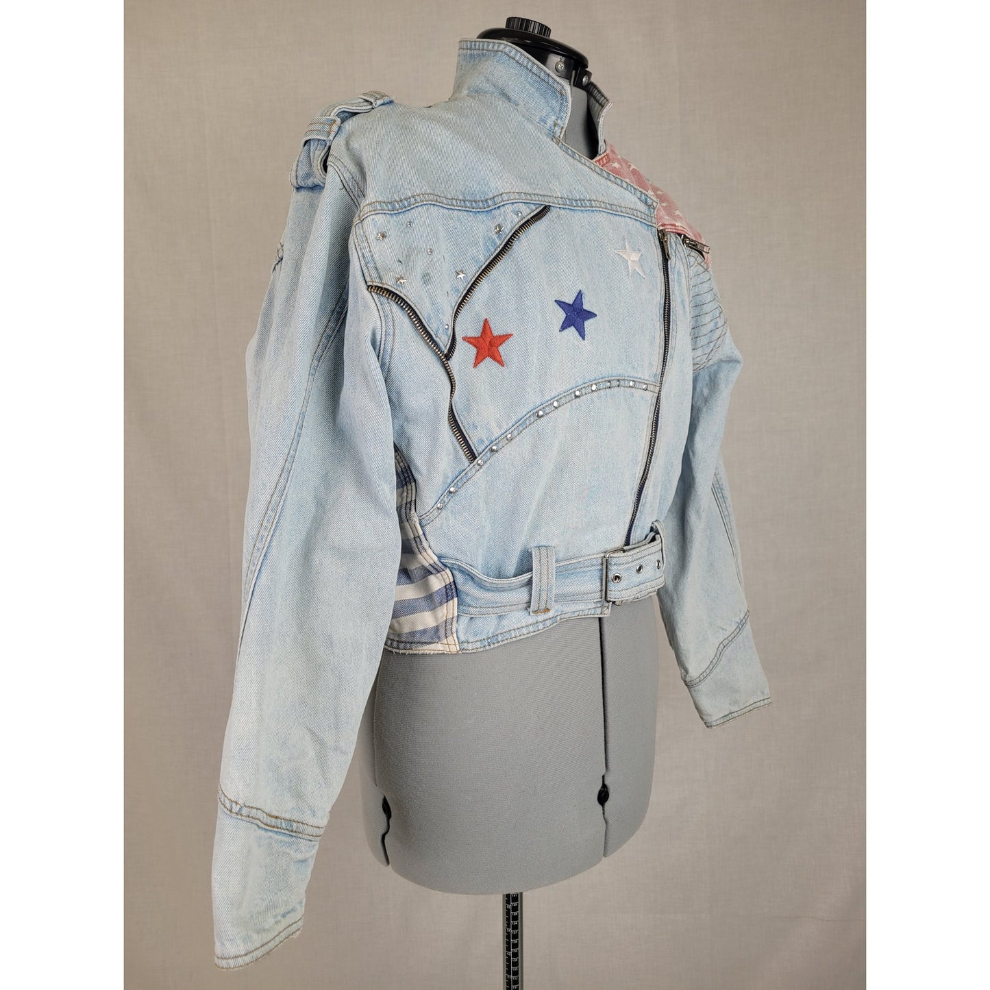 1980s VTG Cropped Denim Moto Jacket Stars Stripes Sz S/M