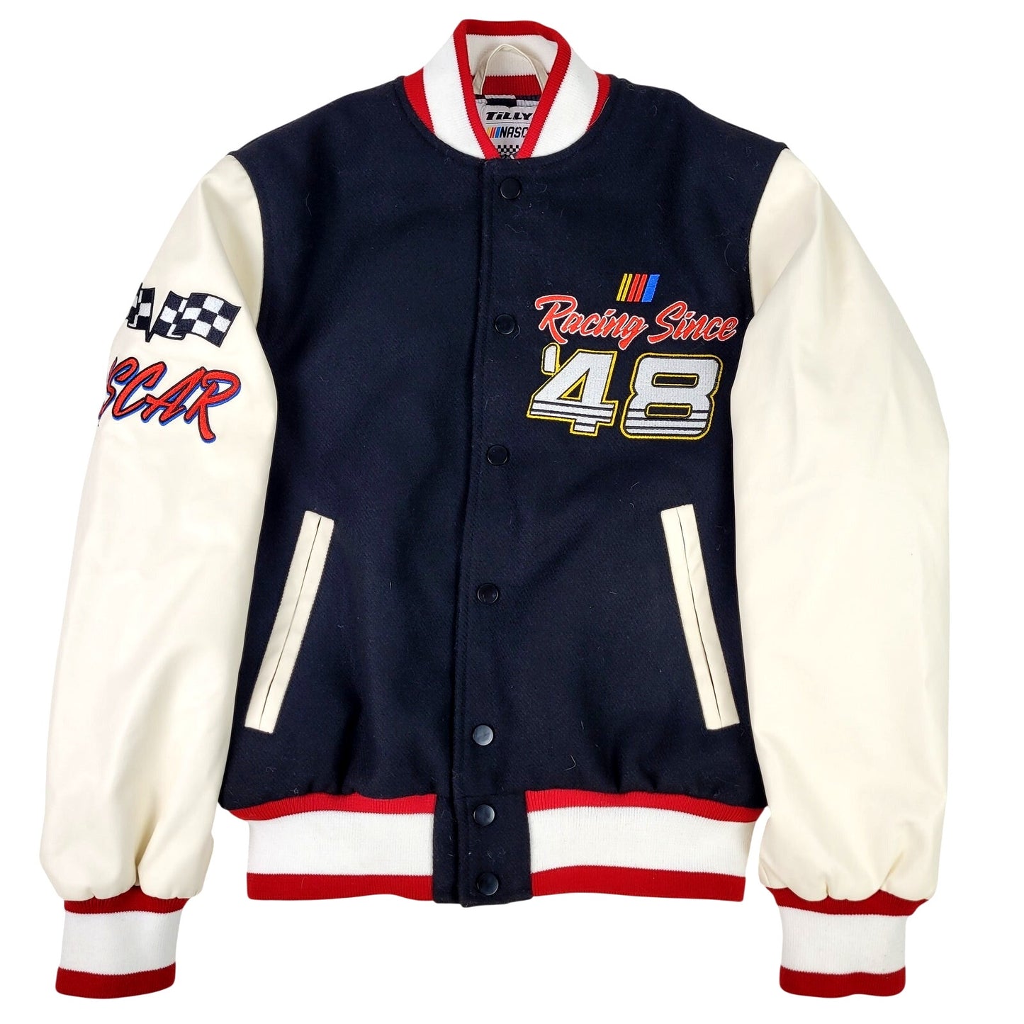 Tillys NASCAR Racing Since '48 Varsity Jacket Black & White Faux Leather Sz XS