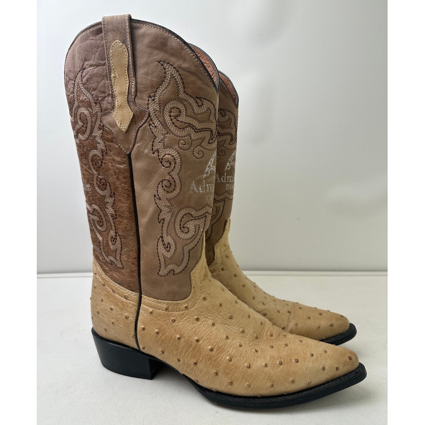 Admirable Handcrafted Ostrich Print Leather J-Toe Cowboy Boots Men's Sz 10