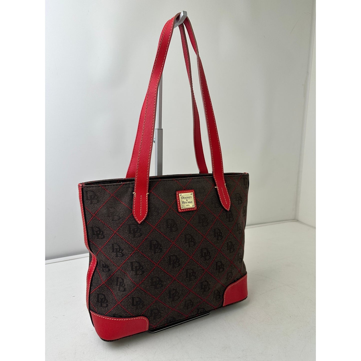 Dooney & Bourke Gretta Signature Brown / Red Monogram Coated Cotton Purse