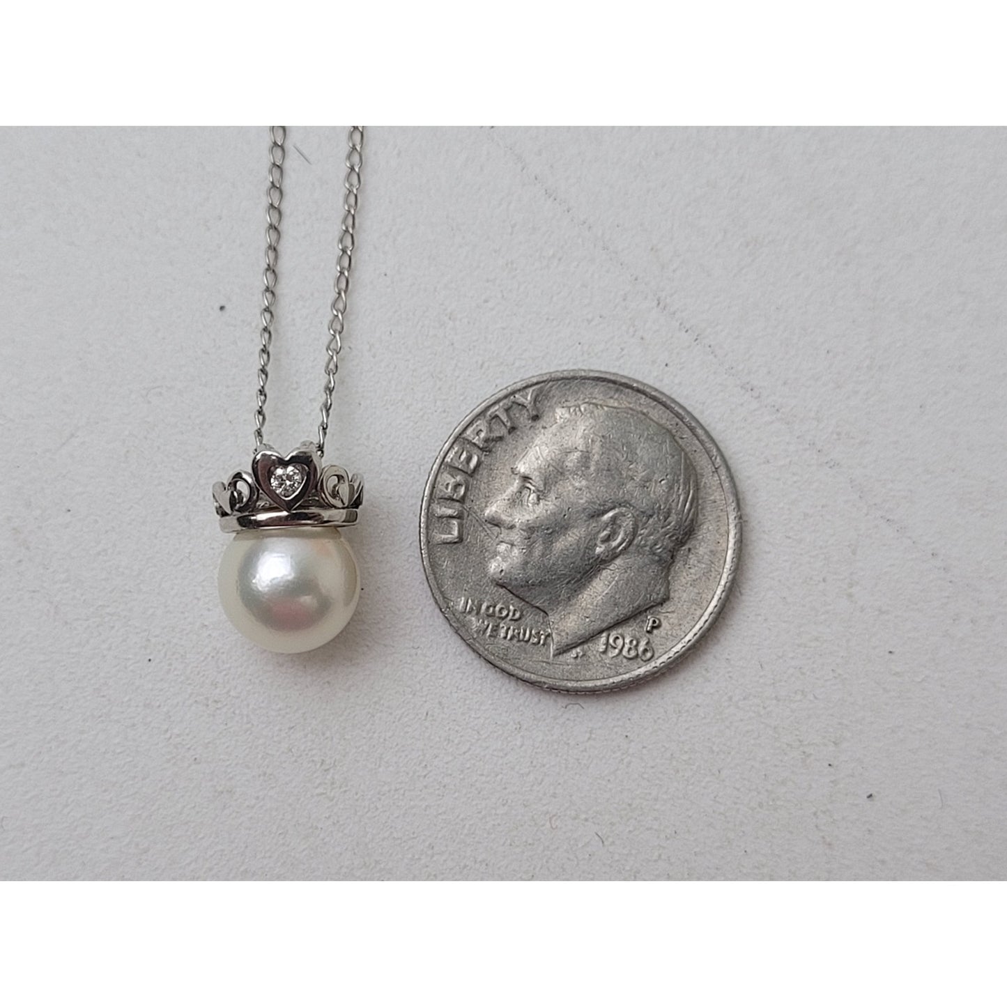 14K White Gold Pearl & Diamond Charm Pendant on 14K White Gold 16" Chain