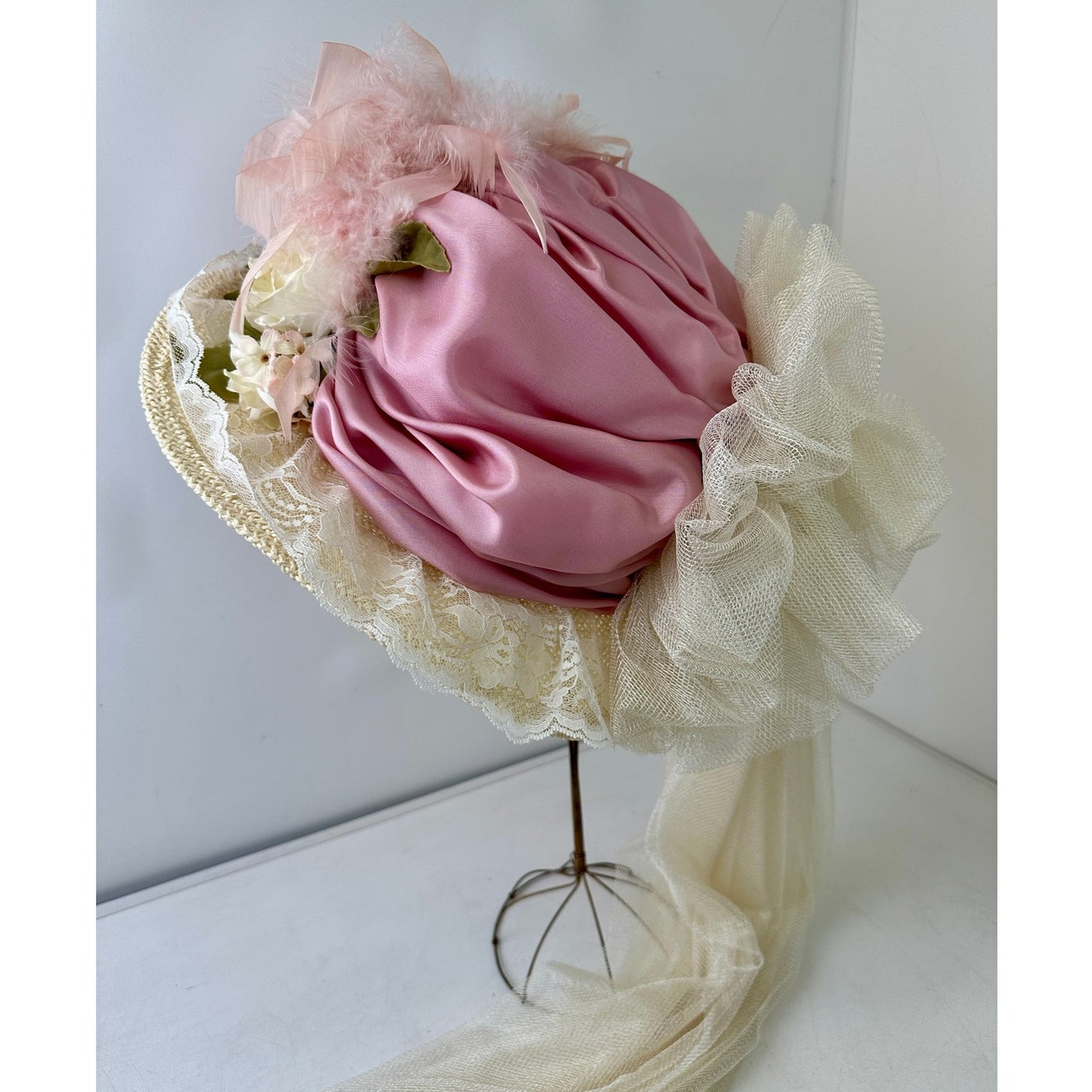 VTG Elsie Massey Originals Pink Floral Wide Brim Victorian Derby Hat