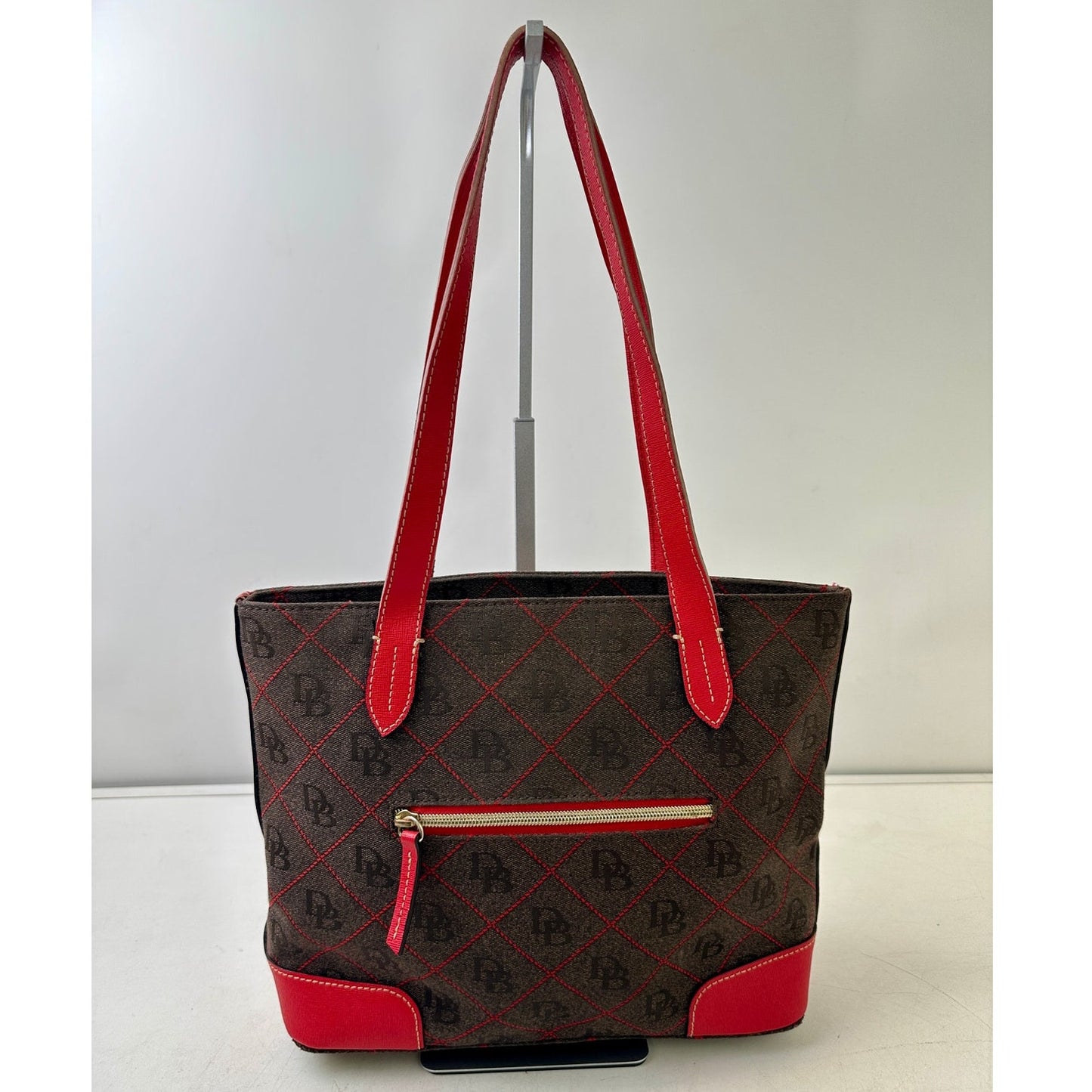 Dooney & Bourke Gretta Signature Brown / Red Monogram Coated Cotton Purse