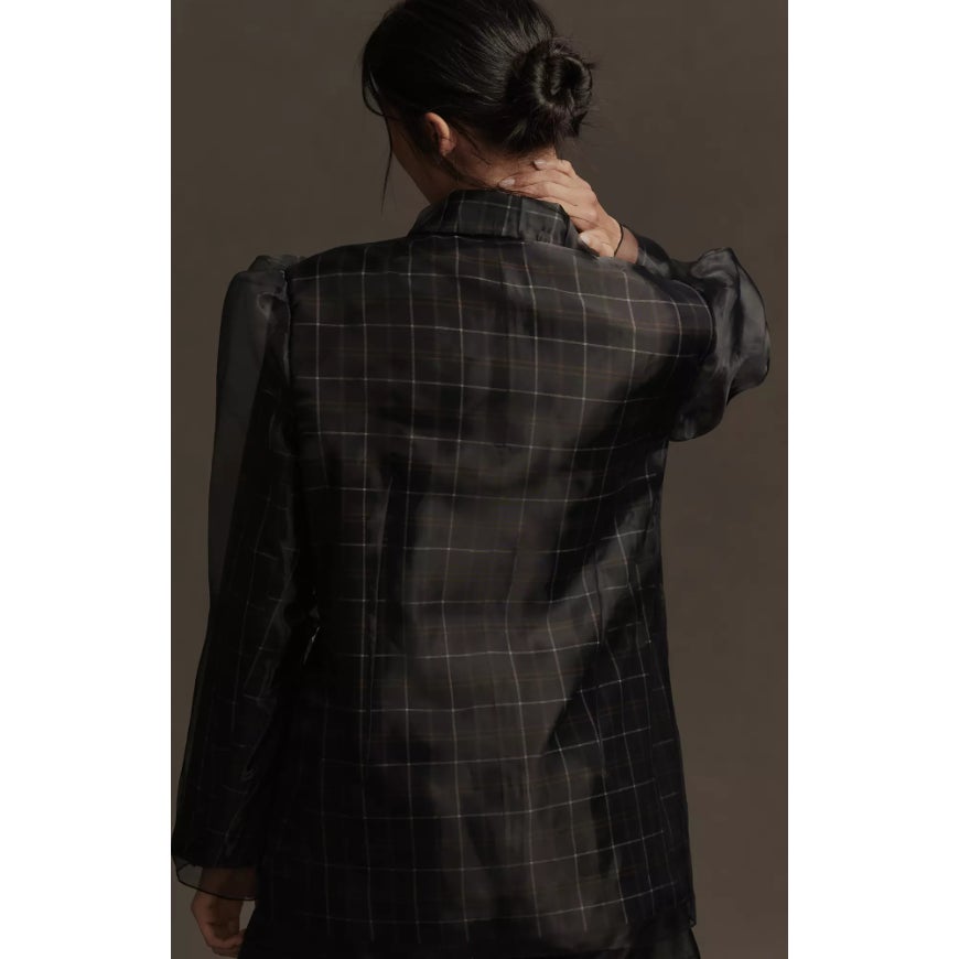 By Anthropologie Tulle Overlay Plaid Blazer Sheer Tulle Puff Sleeves Sz M