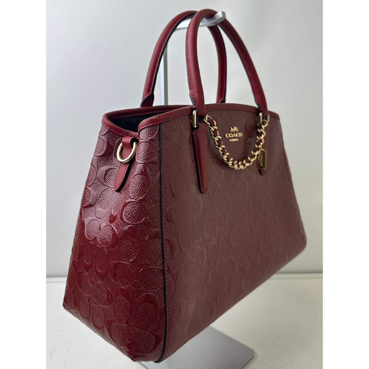 Coach Signature Debossed Patent Leather Cherry Red Small Margot Carryall