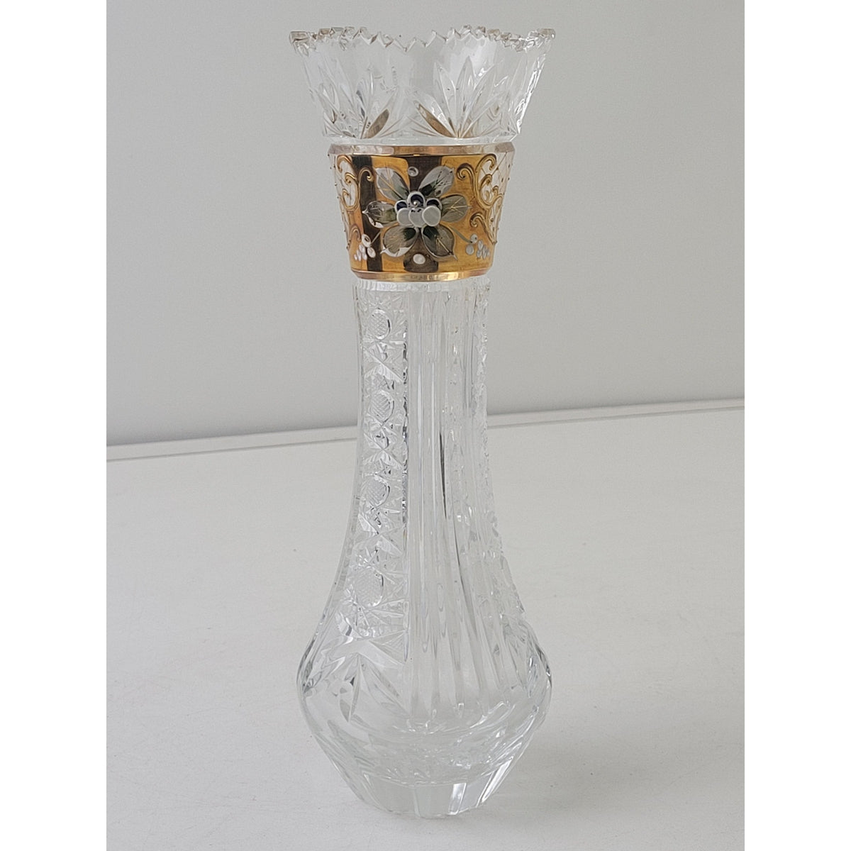 Vintage Poltar Slovakian Lead Crystal Vase Hand Cut Hand Painted 9 1/4"