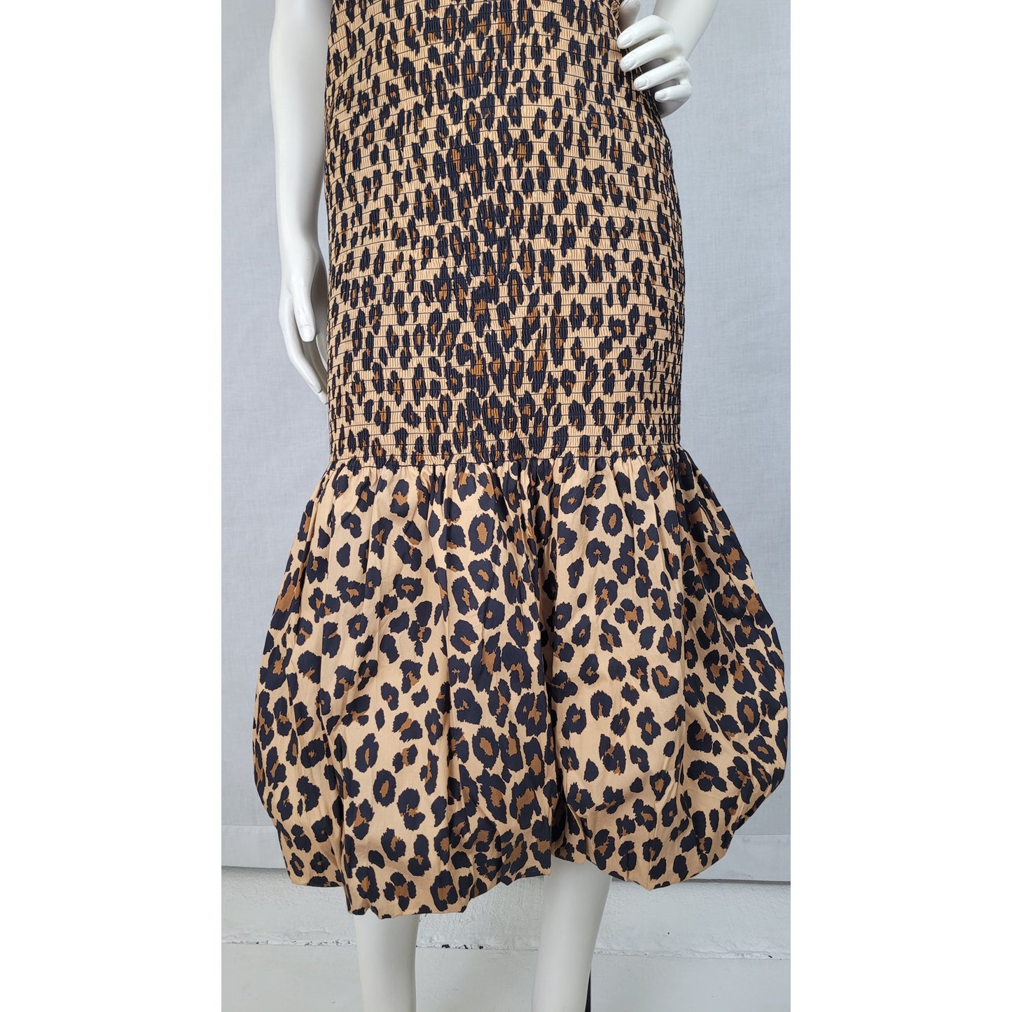 SIMONMILLER Canto Smocked Poplin Dress in Leopard Print Adustable Straps Sz S