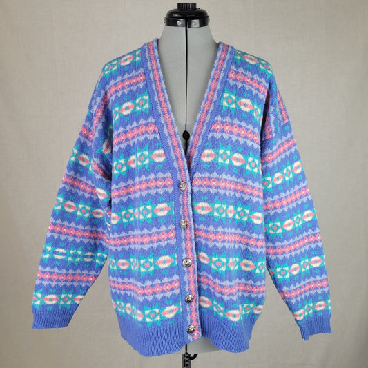 Vintage 90s Brass Plum Nordstrom Fair Isle Nordic Wool Cardigan Women's Size L