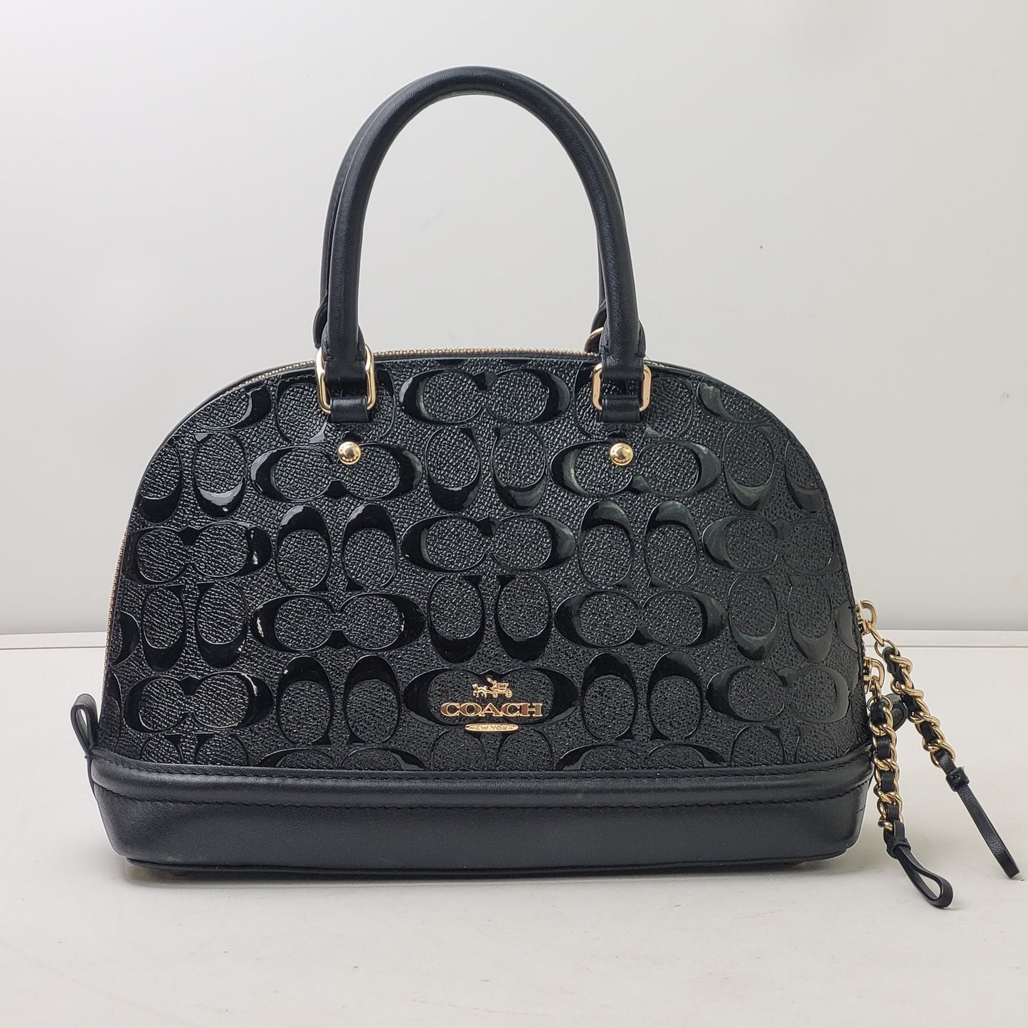 Coach Black Mini Sierra Satchel Debossed Patent Leather Top Handle + Strap
