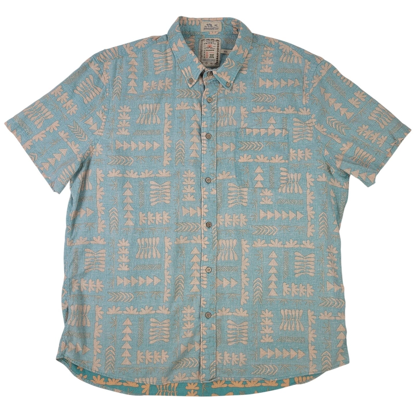 Faherty Breeze Short Sleeve Button-Down Shirt Teal Naupaka Men's Sz XXL