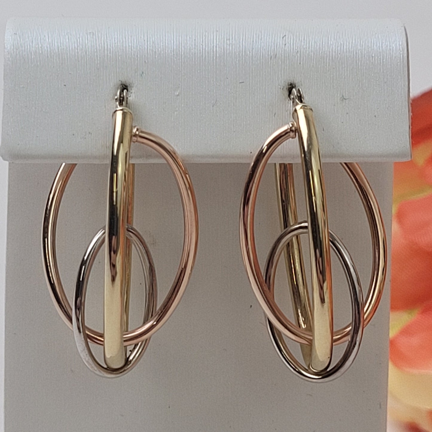 14K Gold Tri-Color Rose Yellow White Multi-Ring Interlocked Hoop Earrings