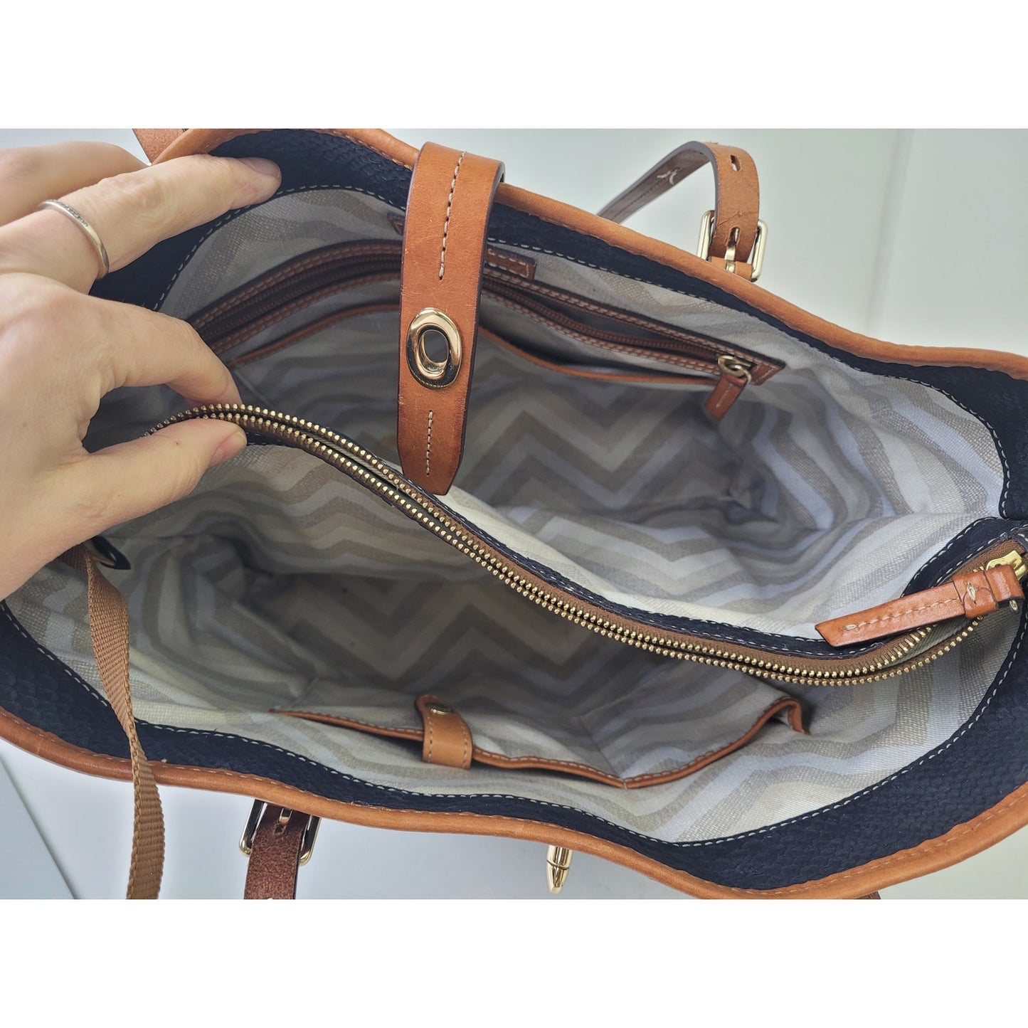 Dooney & Bourke Claremont Python Embossed Leather Tote Bag Navy & Brown