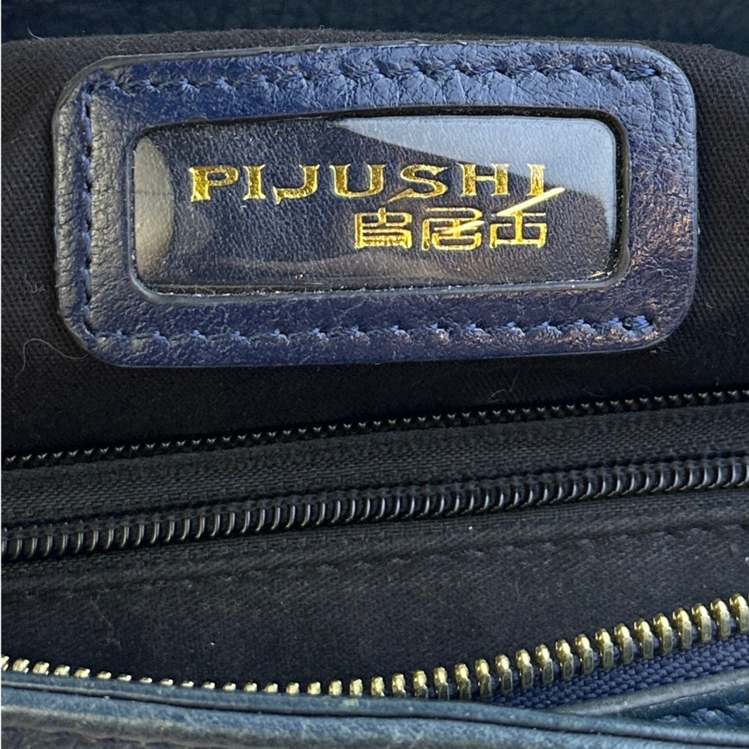 PIJUSHI Dark Blue Crocodile-Embossed Leather Satchel Bag with Gold Hardware