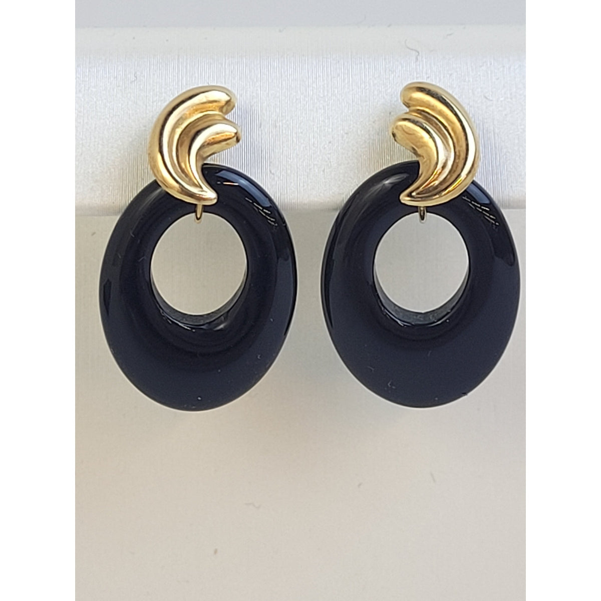 Vintage 14K Yellow Gold & Onyx Drop Dangle Earrings | 27mm Long | 3.19 Grams