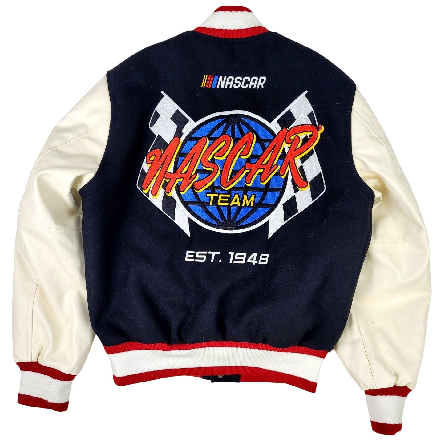 Tillys NASCAR Racing Since '48 Varsity Jacket Black & White Faux Leather Sz XS