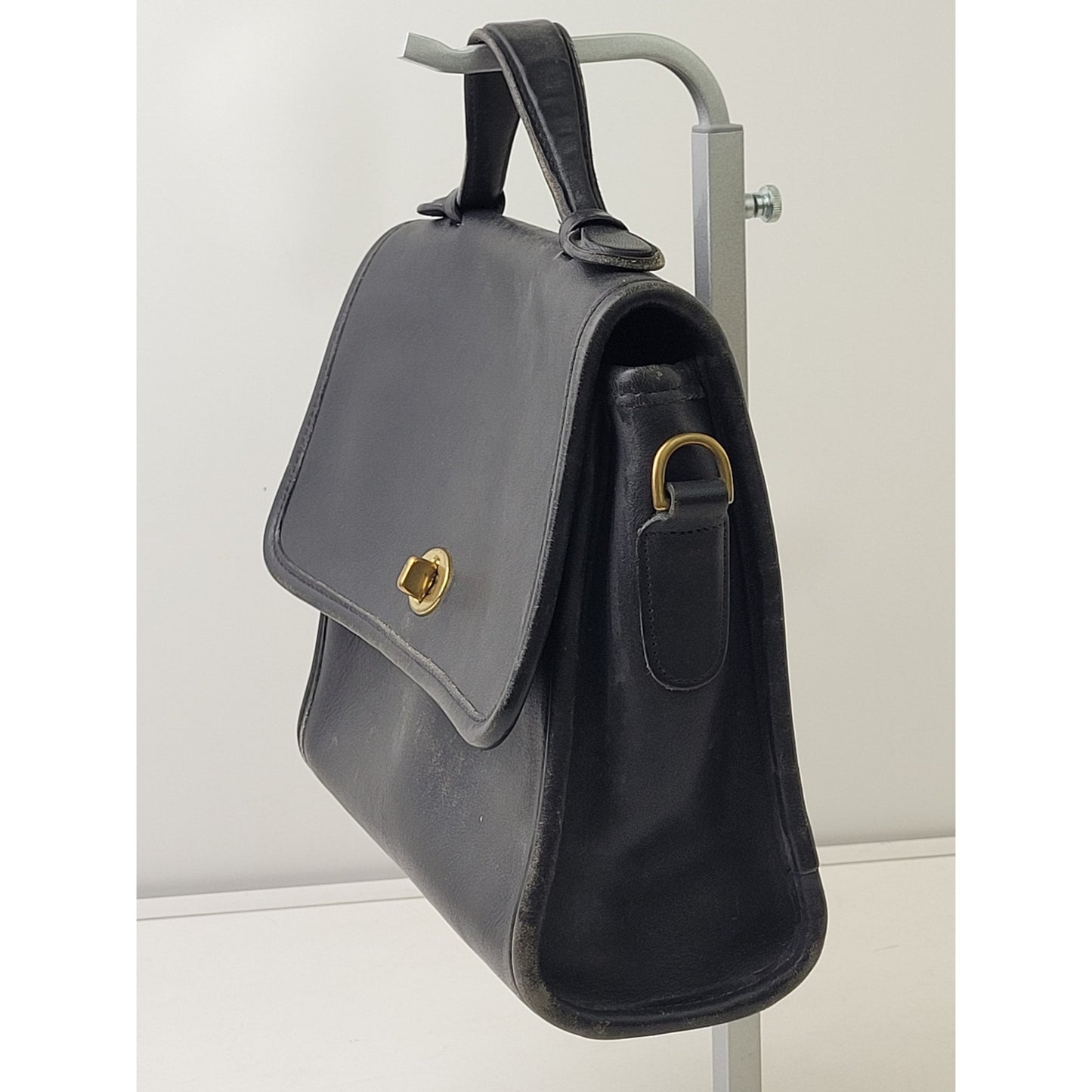 Vintage 90s Coach Court Bag Black Leather Brass Top Handle Purse | No Strap