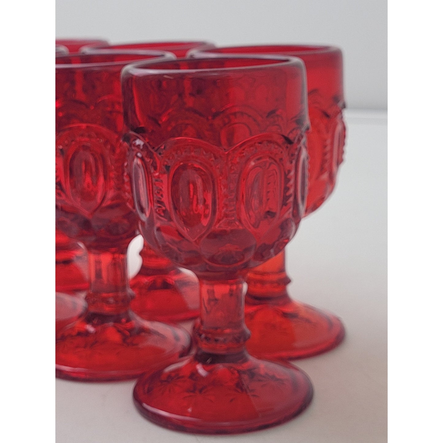 Vintage L.E. Smith Moon & Stars Ruby Red Wine Glasses - Set of 8 + bonus