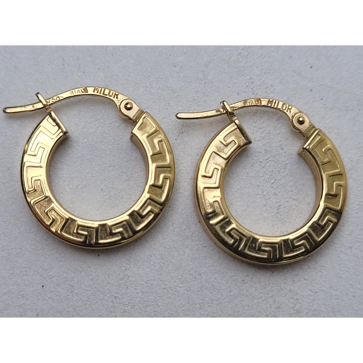 18K Yellow Gold Greek Key Huggie Hoop Earrings Made in Italy | 15mm | 1.61 Grams