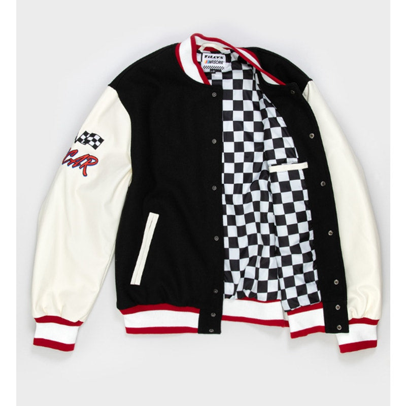 Tillys NASCAR Racing Since '48 Varsity Jacket Black & White Faux Leather Sz XS