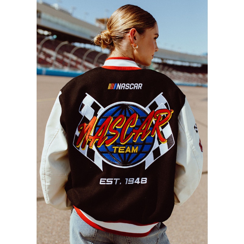 Tillys NASCAR Racing Since '48 Varsity Jacket Black & White Faux Leather Sz XS