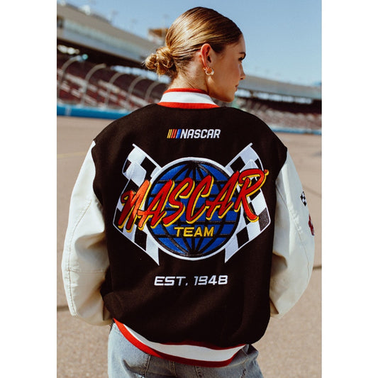 Tillys NASCAR Racing Since '48 Varsity Jacket Black & White Faux Leather Sz XS