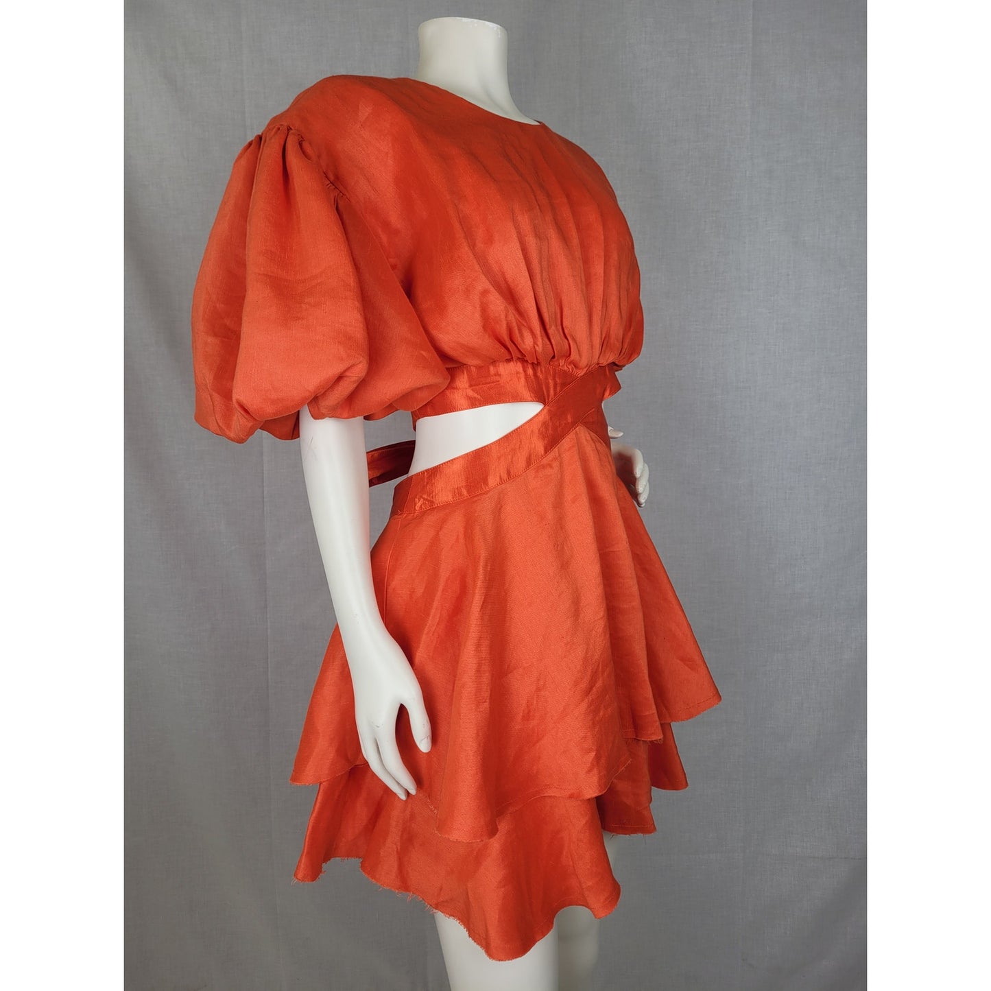 Aje Gracious Cut-Out Mini Dress Raw Cut Hem Voluminous Sleeves Women's Sz 6