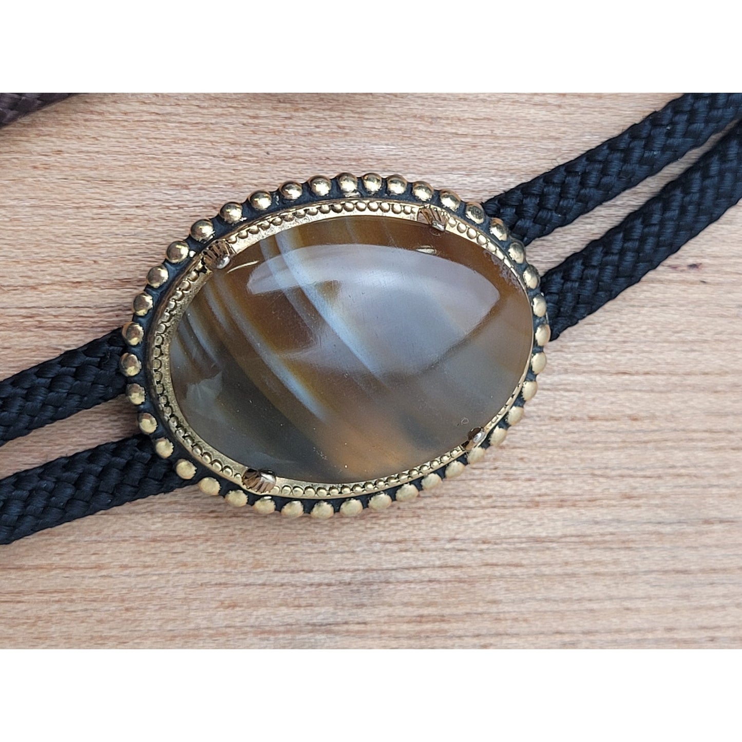 Vintage Pair of Western-Style Bolo Ties Mother of Pearl & Banded Agate Stone