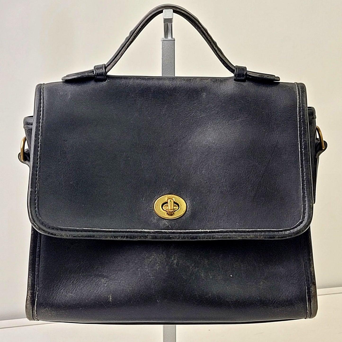 Vintage 90s Coach Court Bag Black Leather Brass Top Handle Purse | No Strap
